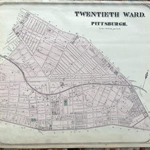 May include: Antique map of the Twentieth Ward, Pittsburgh, Pennsylvania. The map is in black and white with street names and building outlines. The title "Twentieth Ward, Pittsburgh" is at the top. Scale is 100 feet per inch.