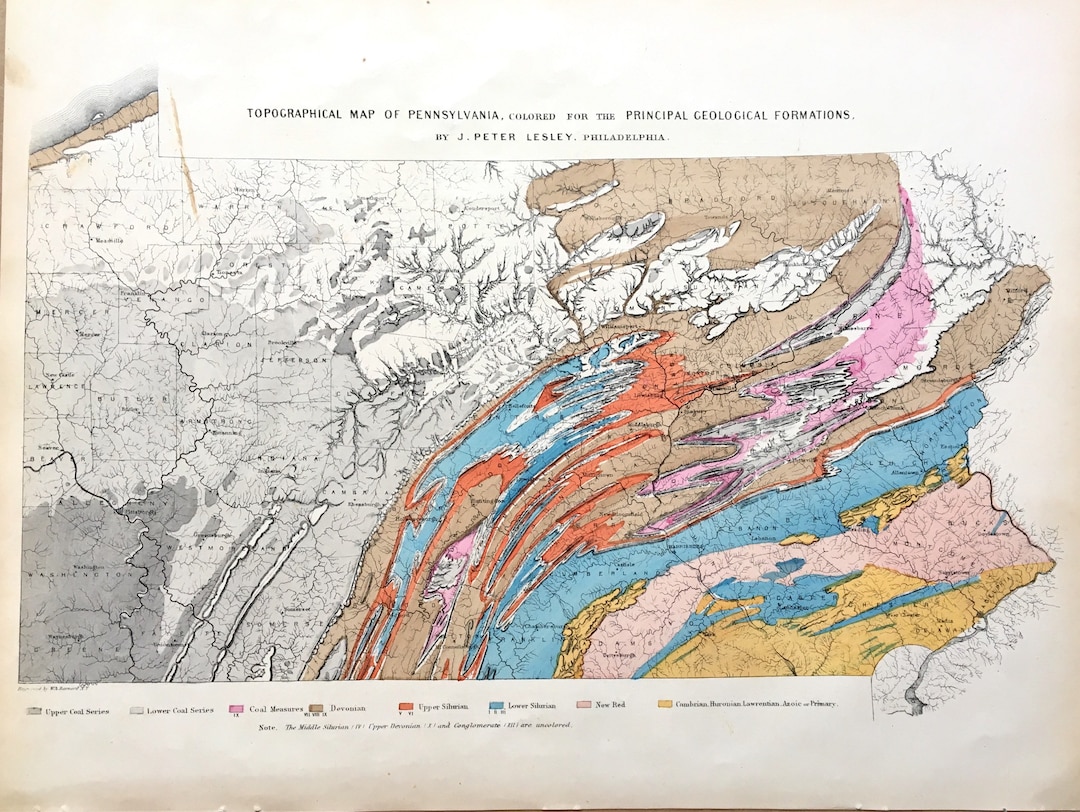 Pennsylvania Geologic Formations Map, Original 1872 State Atlas, Hand 