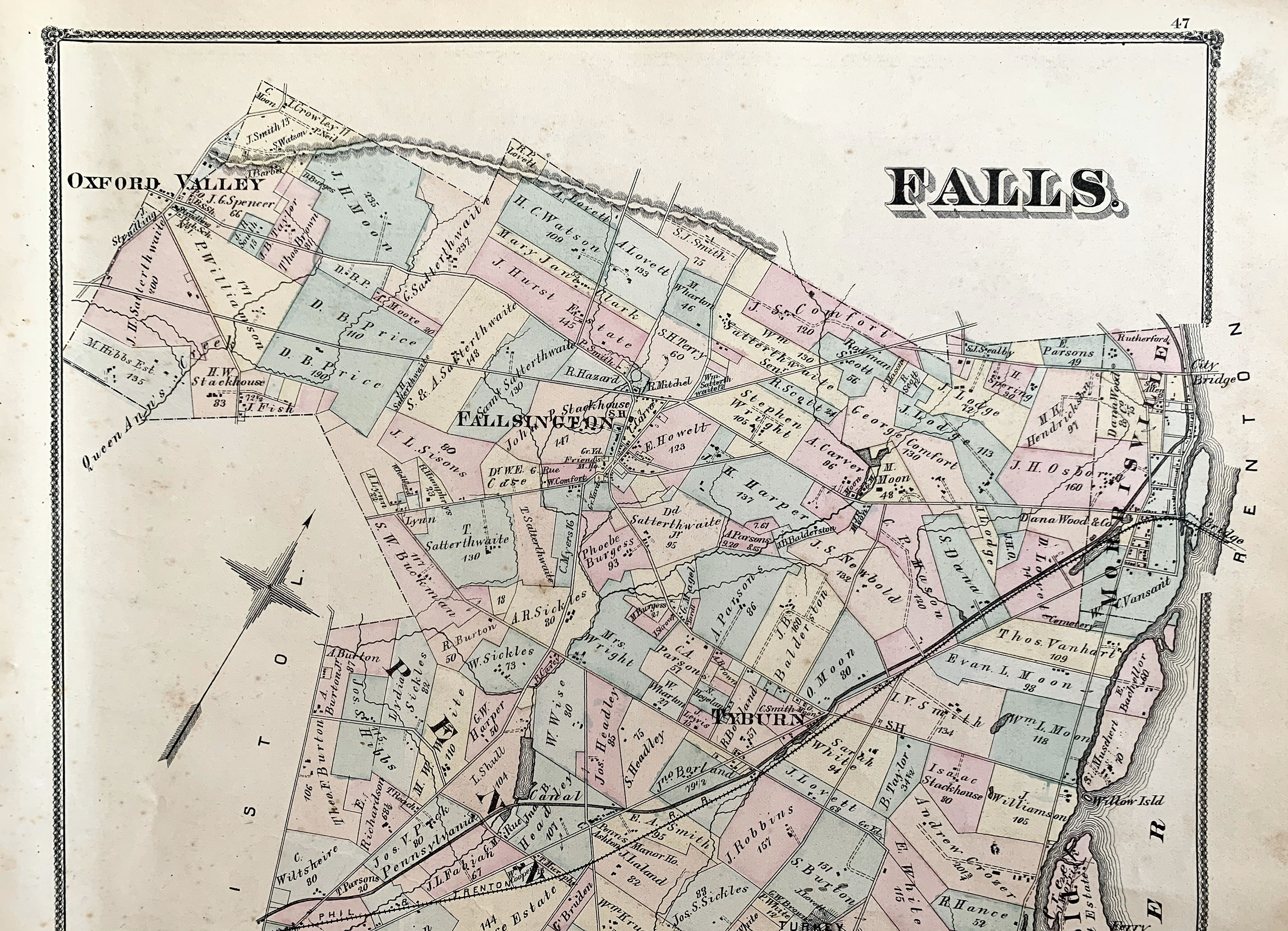1875 Falls Township Map Original Bucks County Atlas Map - Etsy España