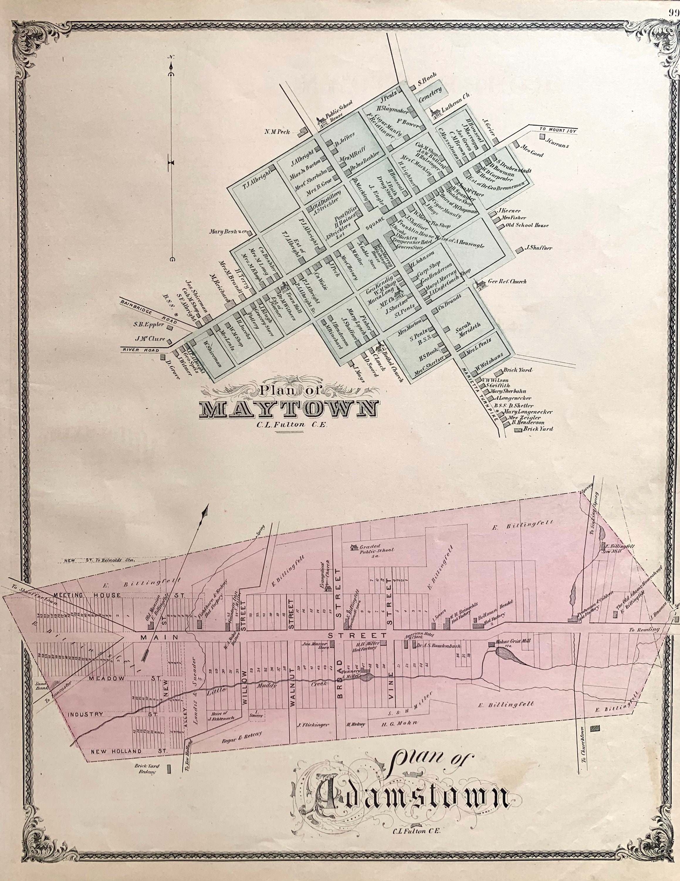 Lititz Map Original 1875 Lancaster County Atlas Adamstown Etsy