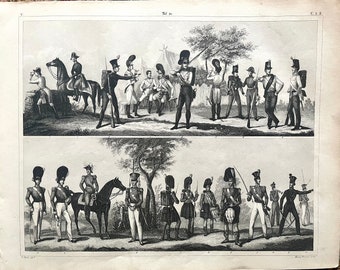 Austrian and British Infantry, Original 1851 German Iconographic Encyclopedia print, Military Sciences, Soldiers