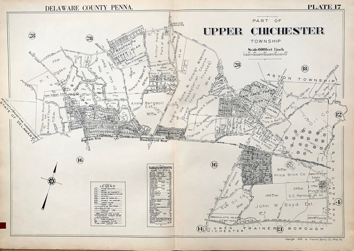 Upper Chichester Township Map Original 1934 Delaware County Etsy