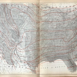 May include: A black and white map of the United States showing the average annual rainfall in inches. The map is divided into regions with lines indicating the amount of rainfall. The map is titled "Chart Showing the Average Annual Rainfall of the United States, Amount of Rain Fall at Least One Day in the Year 1873."