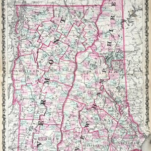 New Hampshire and Vermont Map, Original 1863 Johnsons Atlas, Burlington