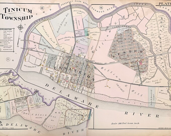 Tinicum Township Map, Original 1909 Delaware County Atlas, Fort Mifflin
