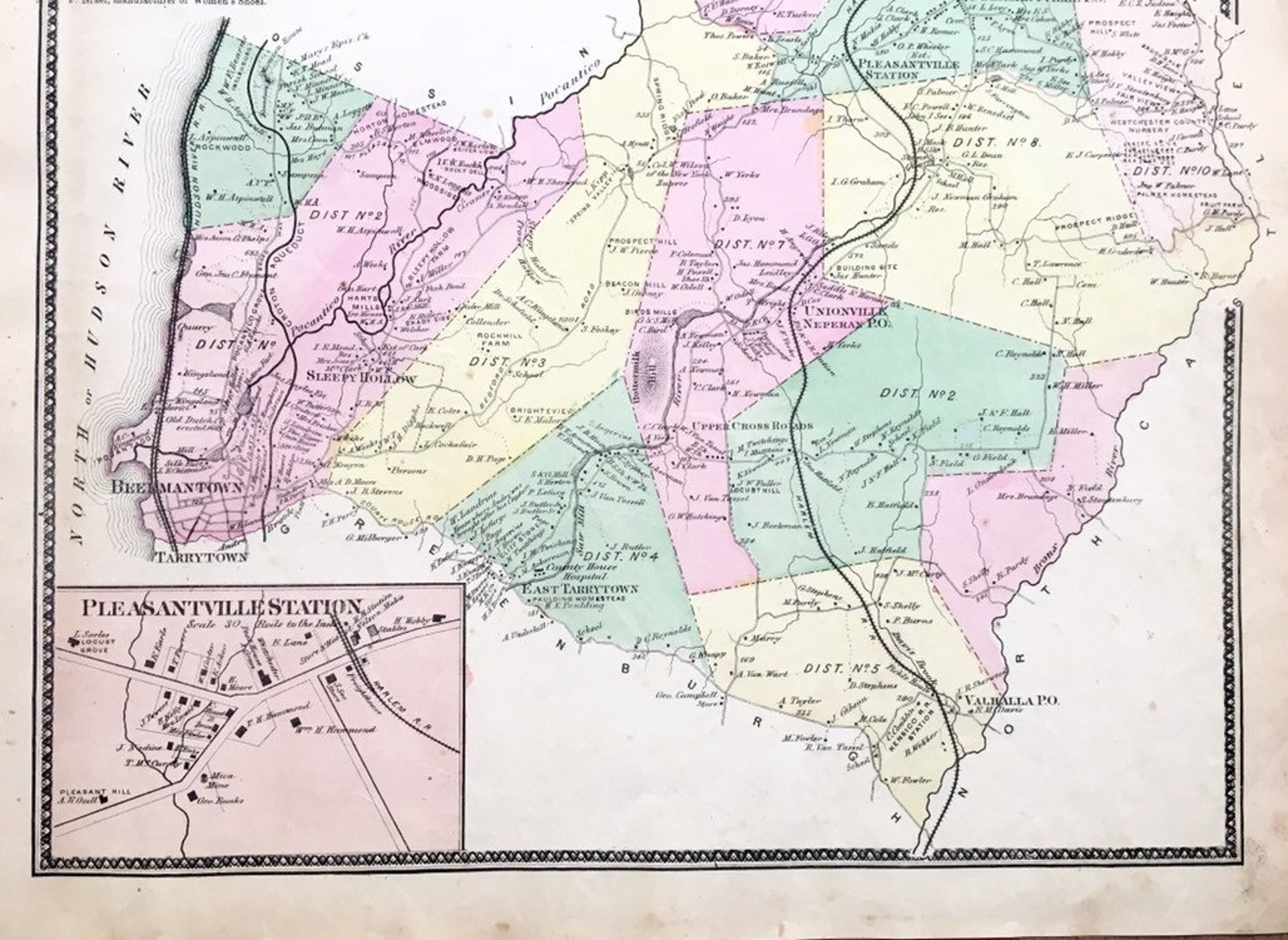 Mt Pleasant New York Antique Map Original 1867 Hand Colored Etsy