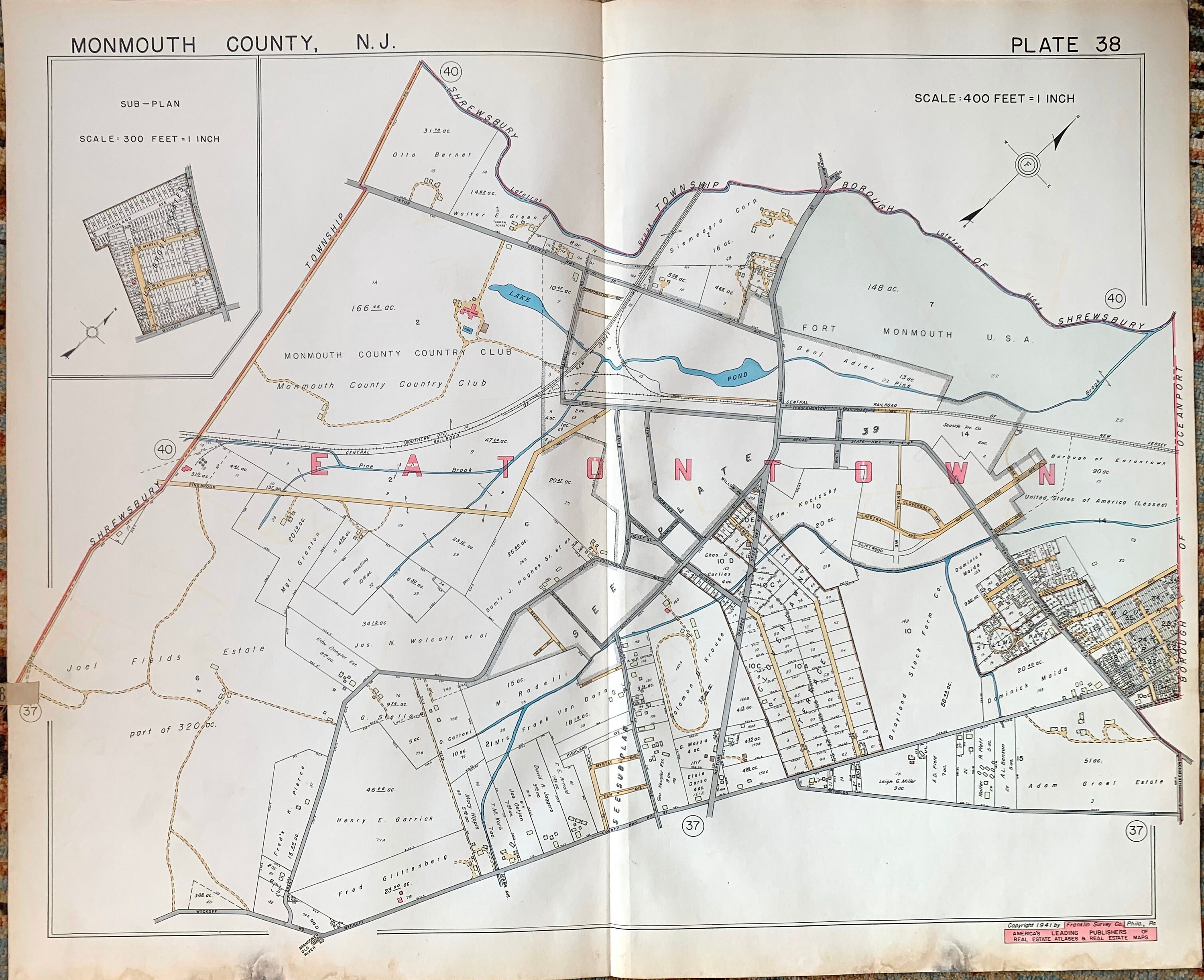 Eatontown New Jersey map, Original 1941 Monmouth County atlas map, Monmouth County Country Club