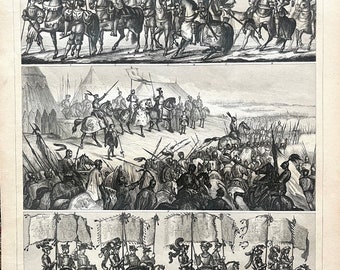 Midieval Dignitaries and War Camps print, Original 1851 German Iconographic Encyclopedia print, Military Sciences, knights