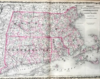 May include: A vintage map of Massachusetts, Connecticut, and Rhode Island. The map is printed in black and white with red and pink lines highlighting state and county borders. The map includes the names of major cities and towns, rivers, and bodies of water.