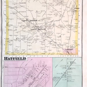 May include: An antique map of Hatfield, Pennsylvania, showing the towns of Upper Hatfield and Lower Hatfield. The map is printed in black and white with yellow and pink highlights. The map includes the names of streets, roads, and residents.