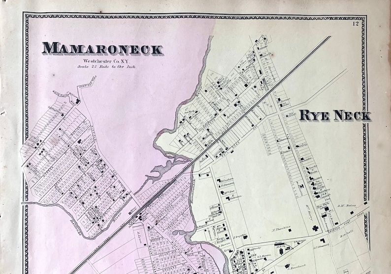 Mamaroneck Map, Rye Neck Map, Original 1867 Antique Hand Colored Map, Westchester County, New