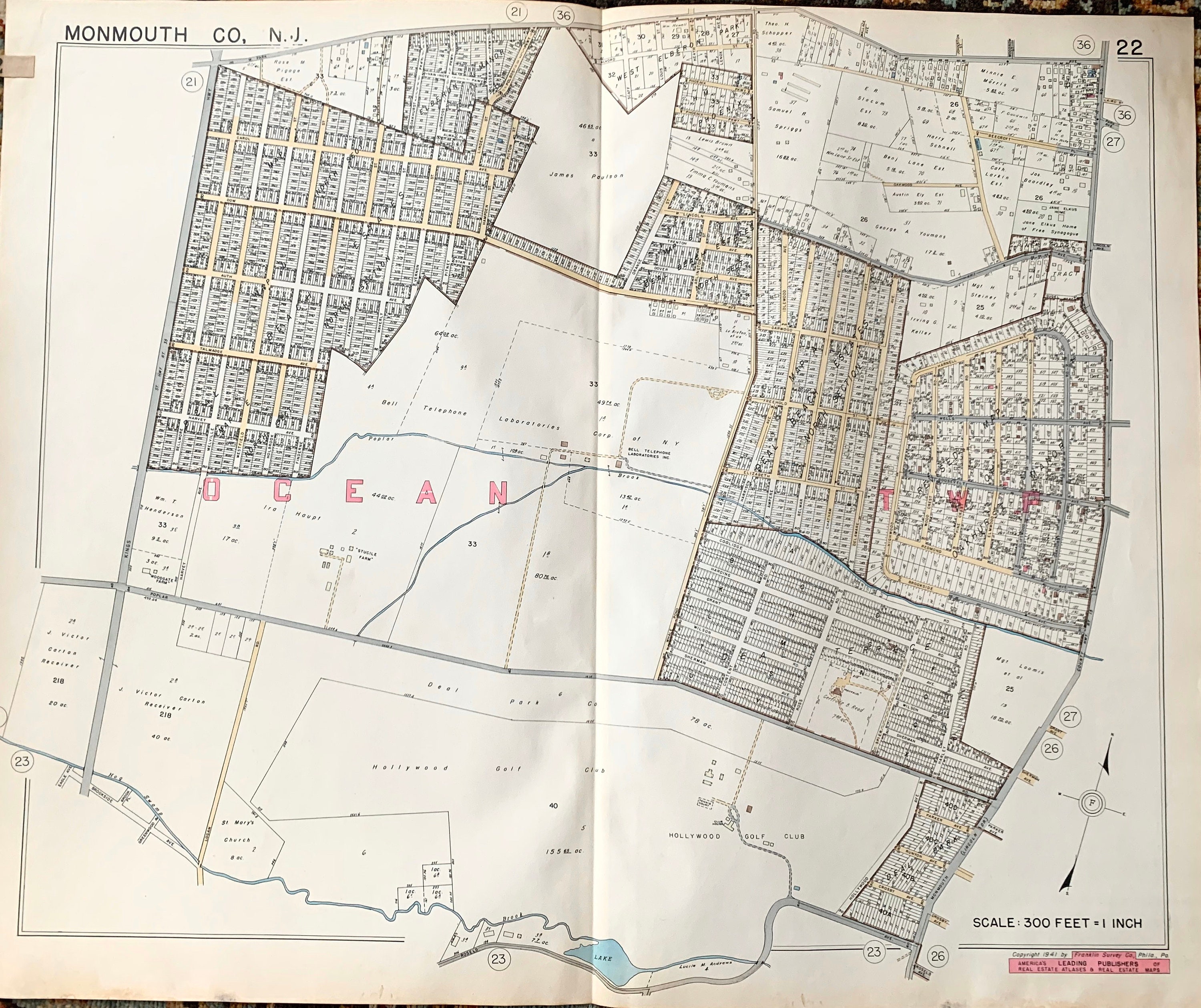 Ocean Township Map, Original 1941 Monmouth County, New Jersey atlas map