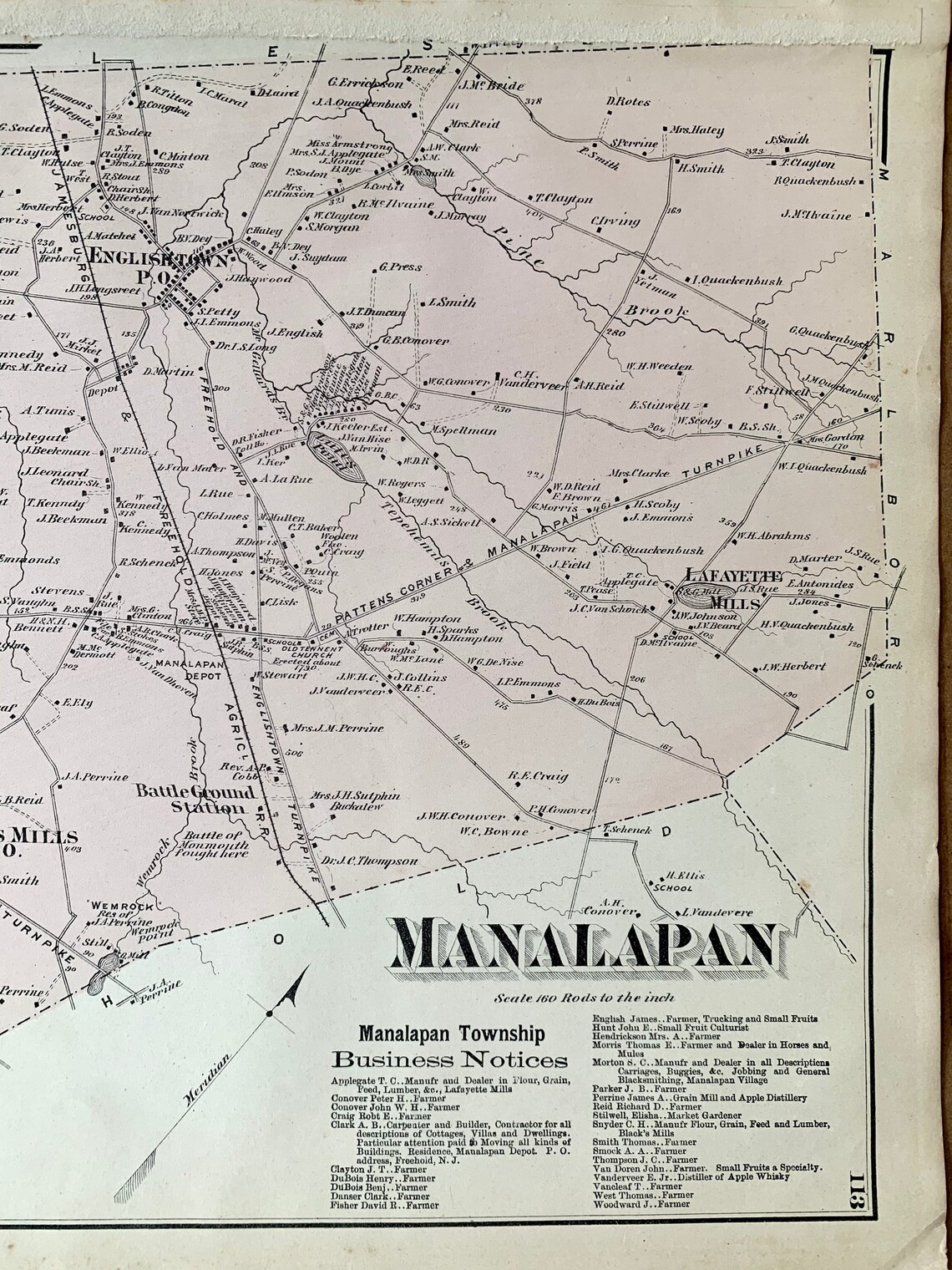 Manalapan Township Map Original 1873 Monmouth County New Etsy