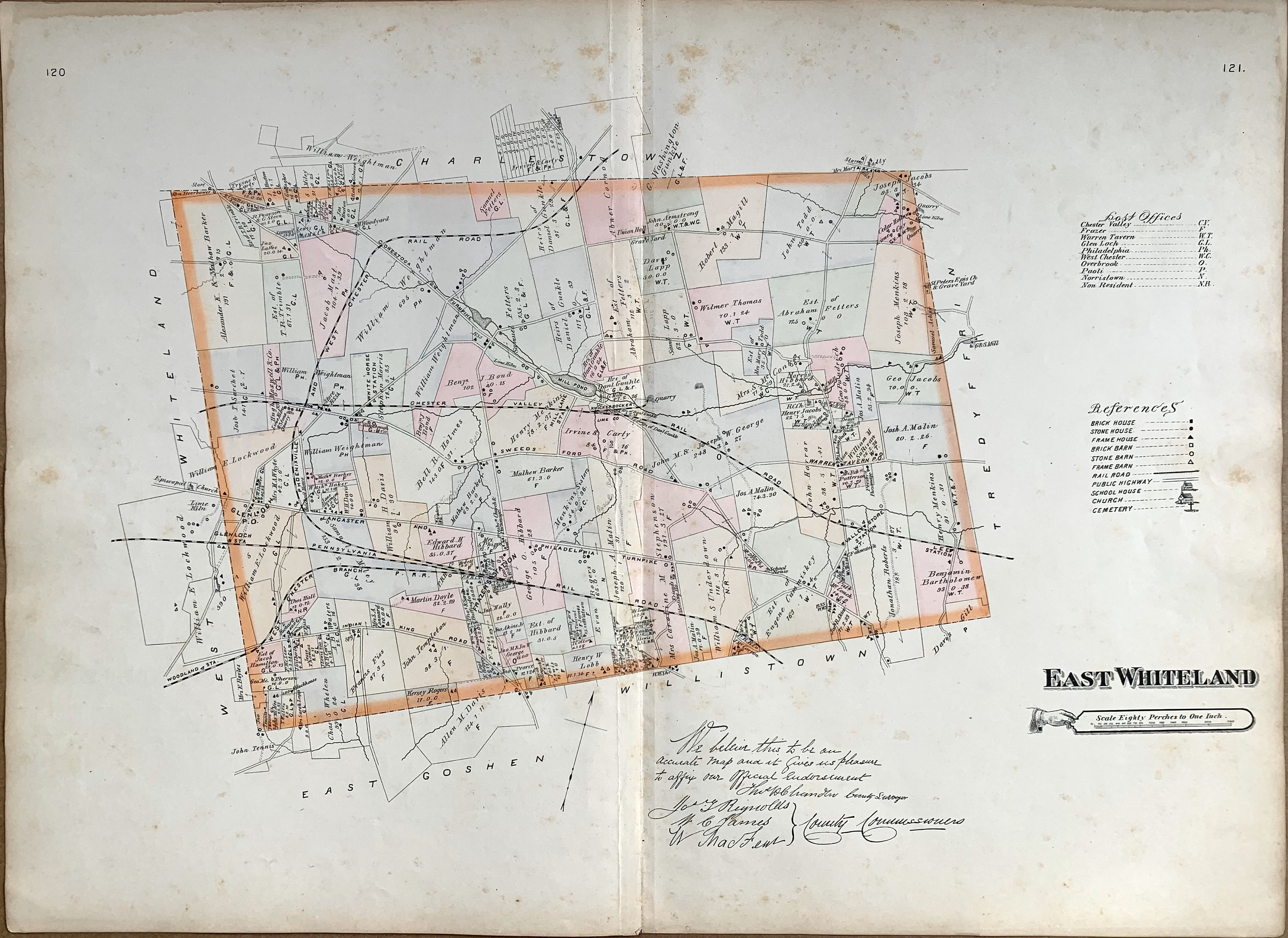 East Whiteland Township Map, Original 1883 Chester County Pennsylvania