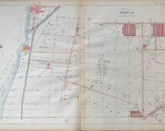 May include: A vintage map of Ward 36 in a city, likely from the late 19th or early 20th century. The map shows streets, blocks, and buildings in a grid pattern. The map is printed in black and white with some red and yellow highlights. The map is labeled "Part of Ward 36" and "Scale 200 Feet to 1 Inch".