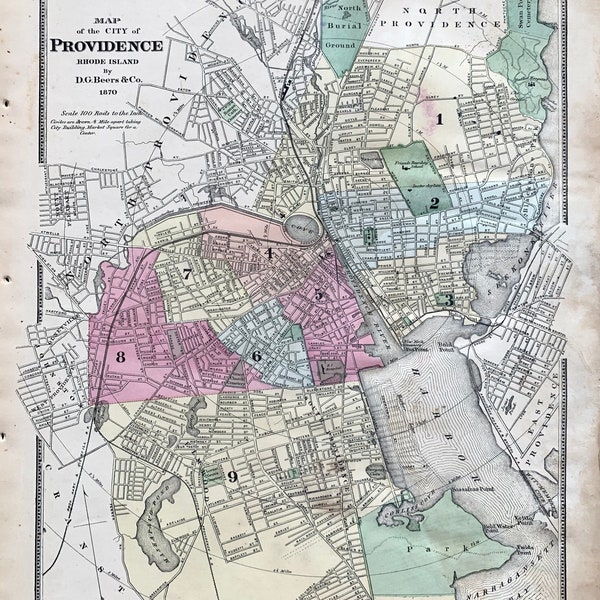 Providence Rhode Island Map, Original 1870 Rhode Island Atlas, Brown University, Roger Williams Park