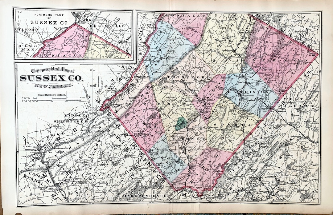 Sussex County Map, Original 1877 New Jersey Atlas, Newtown, Kittatinny