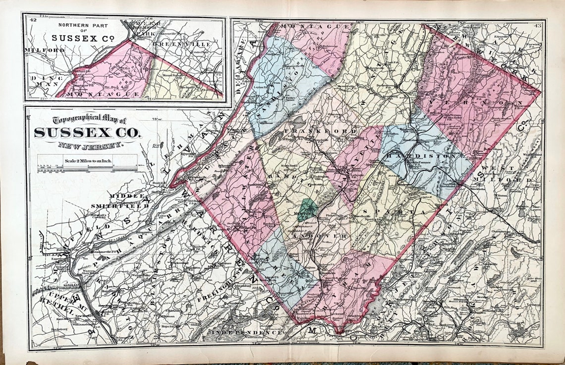 Sussex County Map Original 1877 New Jersey Atlas Newtown - Etsy