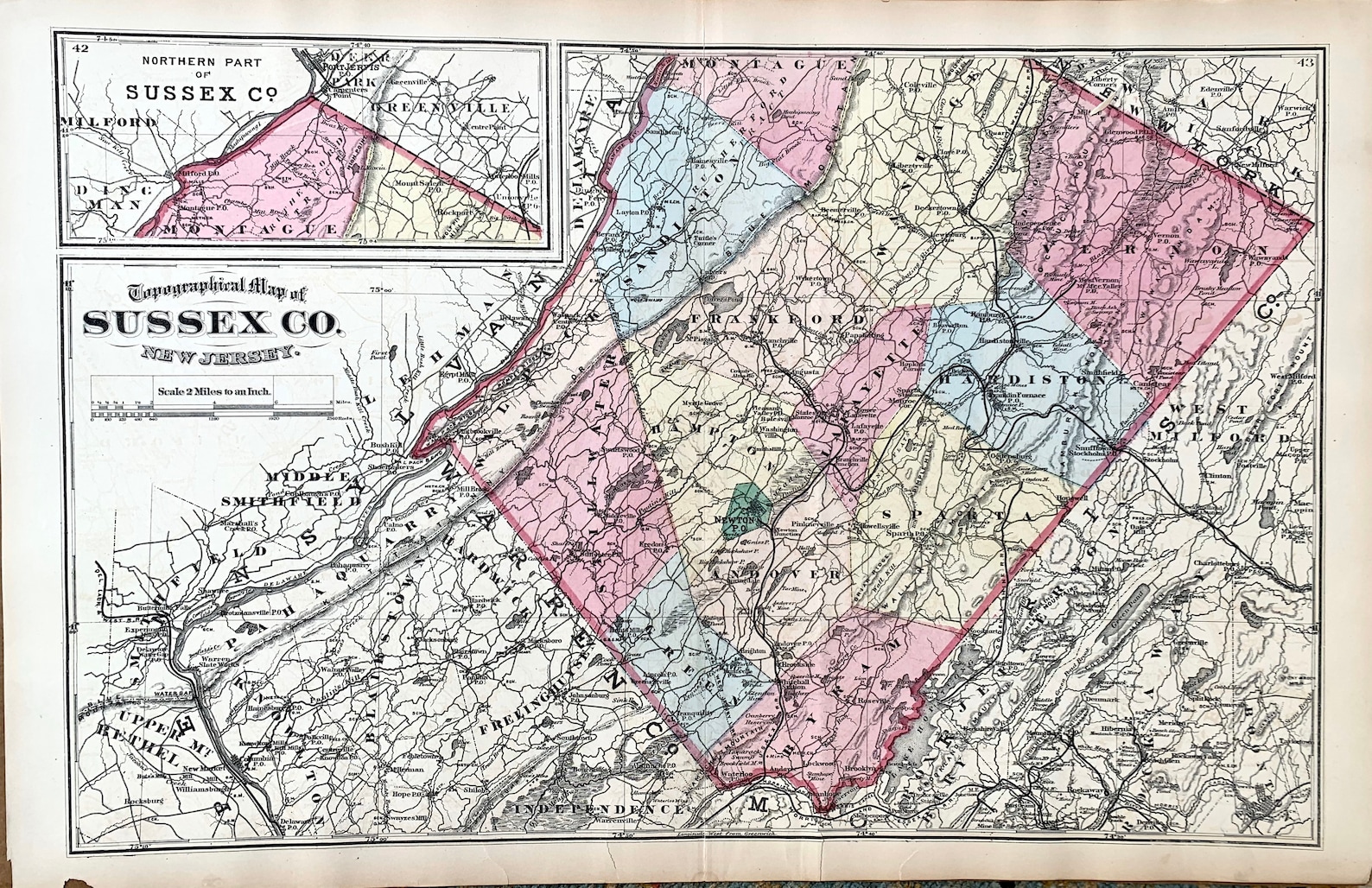 Sussex County Map, Original 1877 New Jersey Atlas, Newtown, Kittatinny