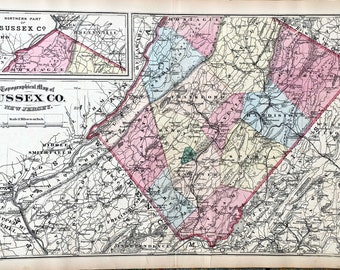 May include: A vintage map of Sussex County, New Jersey, showing the county's boundaries and townships in detail. The map is divided into sections, each with a different colour, and includes a key to identify the different townships. The map also includes a scale bar and a compass rose.