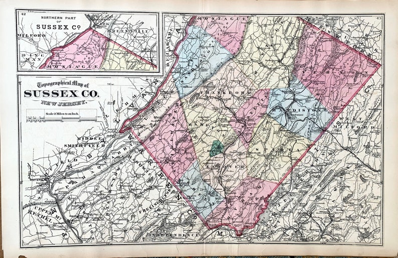 Sussex County Map Original 1877 New Jersey Atlas newtown Etsy