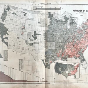 May include: A map of the United States showing the distribution of sexes in 1860. The map is divided into squares, each representing a county. The color of each square indicates the ratio of males to females in that county. The map also includes a table showing the number of males and females in each state.
