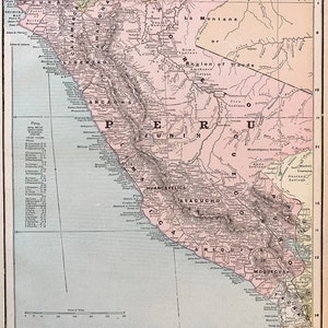 Peru Map, Original 1895 Crams Atlas map, Lima, Machu Picchu, Andes
