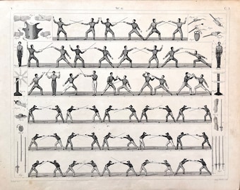 Military Fencing, Original 1857 Iconographic Encyclopedia, Military Sciences, Training, Sword fighting, Foil, Epee, Sabre