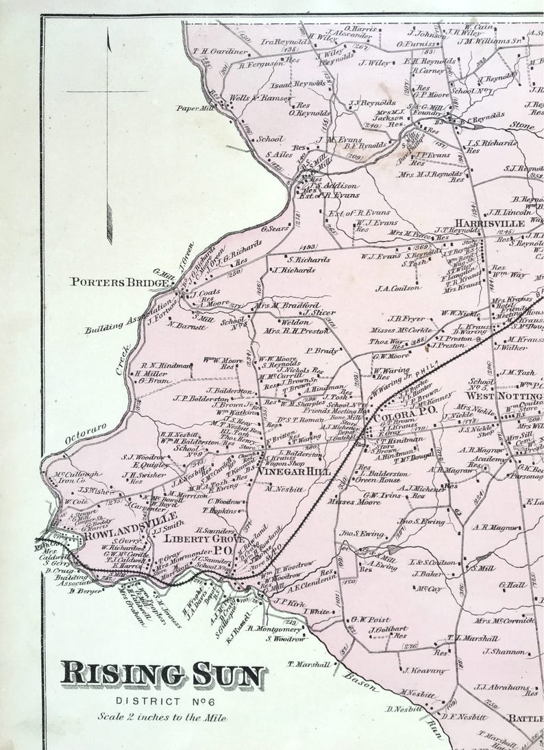 Rising Sun Maryland Original 1877 Cecil County Atlas Map Hand Colored