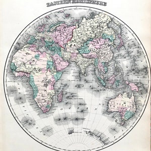 Eastern Hemisphere map, Original 1876 Grays Atlas map, Europe, Asia, Africa, Hand colored