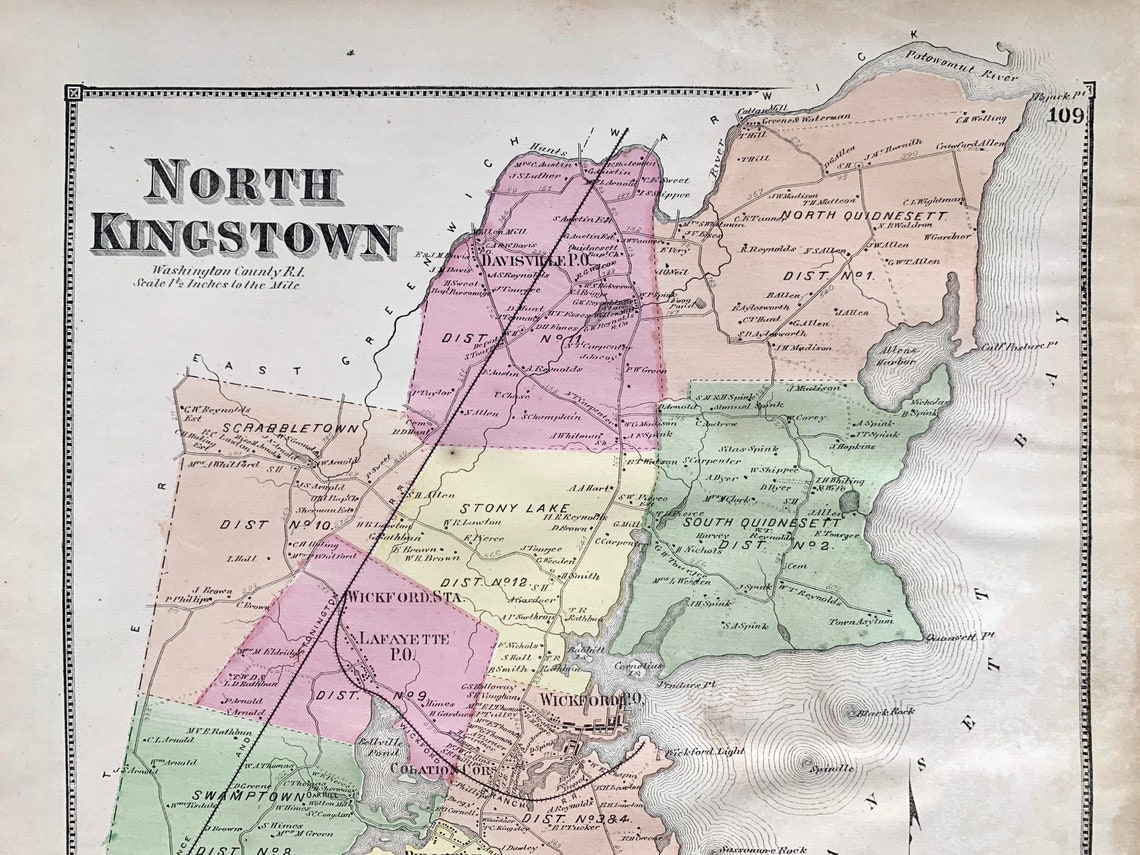 North Kingston Map Original 1870 Rhode Island Atlas Etsy