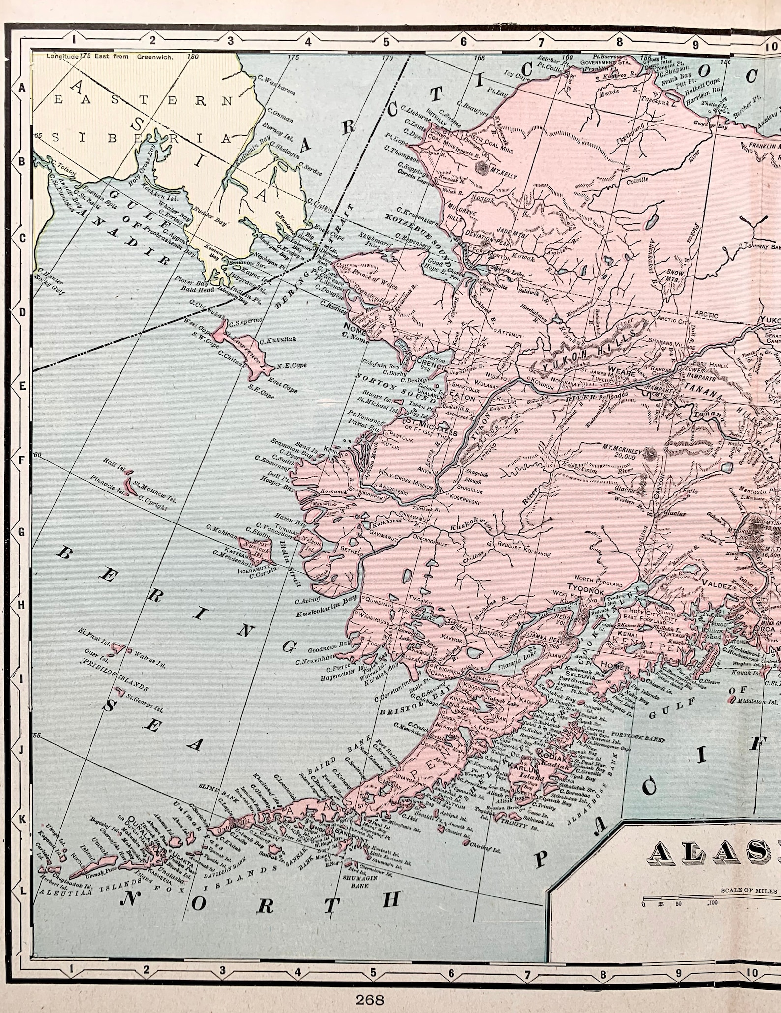 Alaska Map, Original 1900 Crams Atlas, Junea, Sitka, Bristol Bay