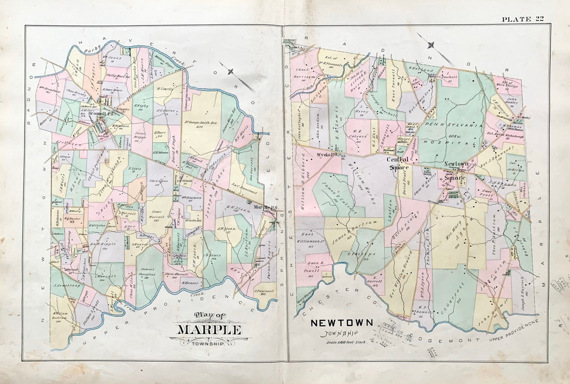 Marple Township Map Original 1892 Delaware County Etsy