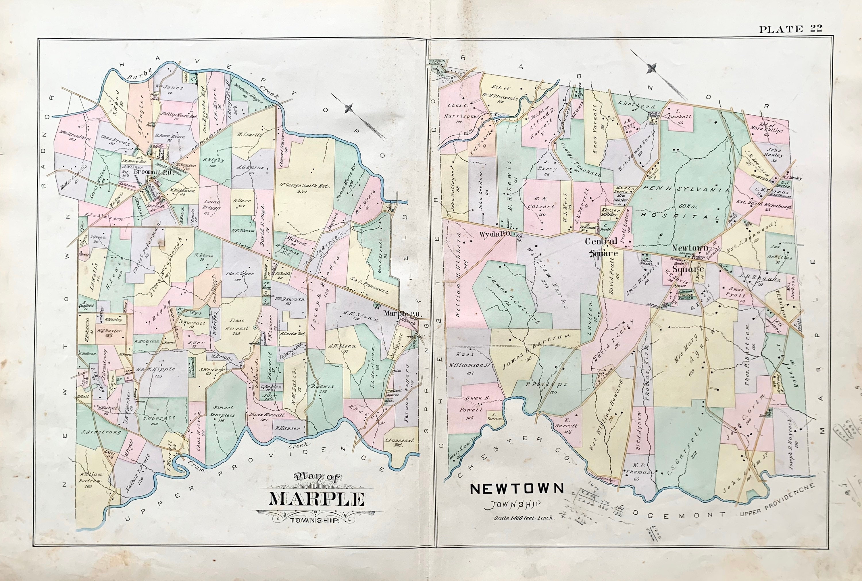 Marple Township Map Original 1892 Delaware County Etsy