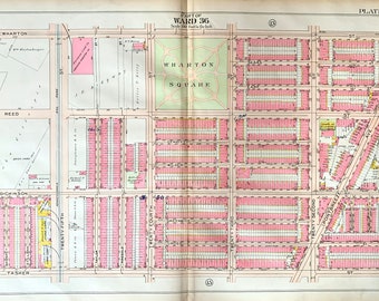 May include: A vintage map of part of Ward 36 in Philadelphia, Pennsylvania. The map shows the street layout and property boundaries of the area, including Wharton Square. The map is printed in black and white with pink and yellow highlights.
