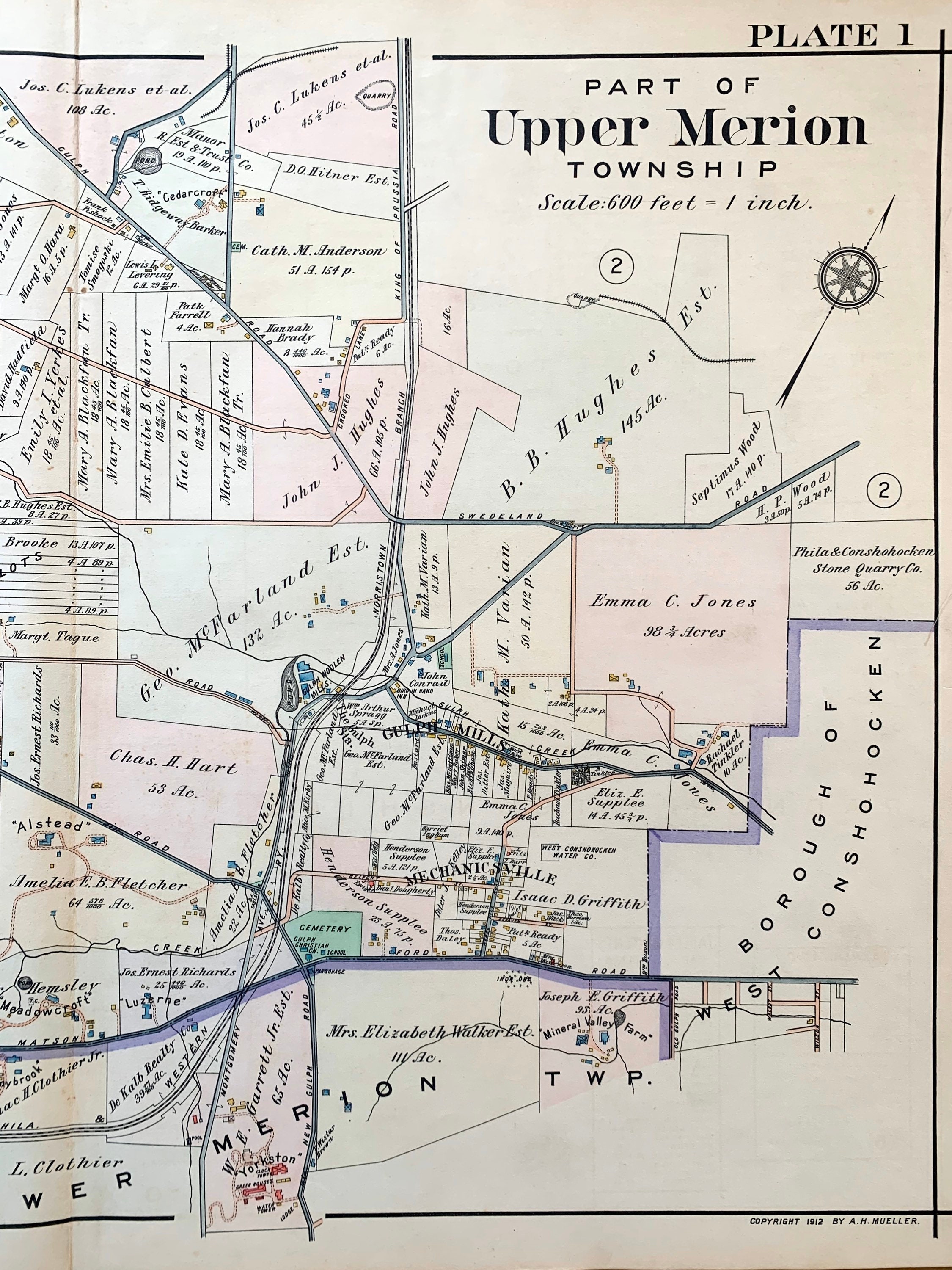 Upper Merion Map, Original 1912 Pennsylvania Main Line Railroad Atlas ...