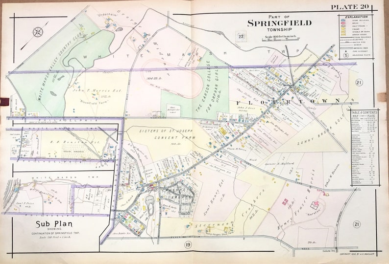 Original 1916 Atlas Map of Springfield Township Montgomery Etsy