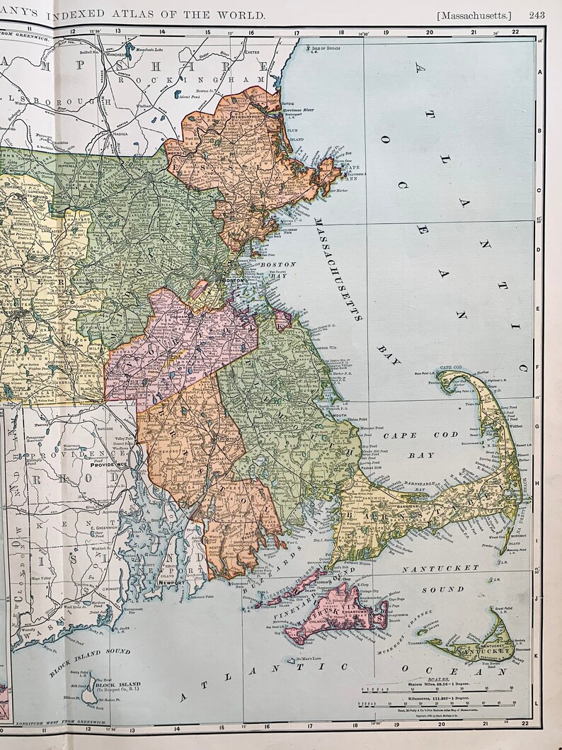 Nantucket Cape Cod Boston Massachusetts map Original 1890 Rand McNally ...