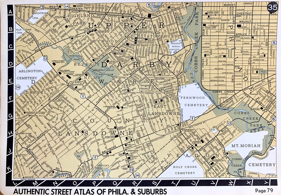 Lansdowne Map, Drexel Hill Map, Original 1936 City of Philadelphia