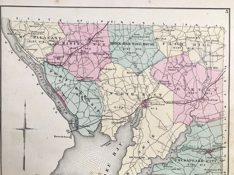Cecil County Maryland Atlas Map, Original 1877 Hand Colored, Cecil