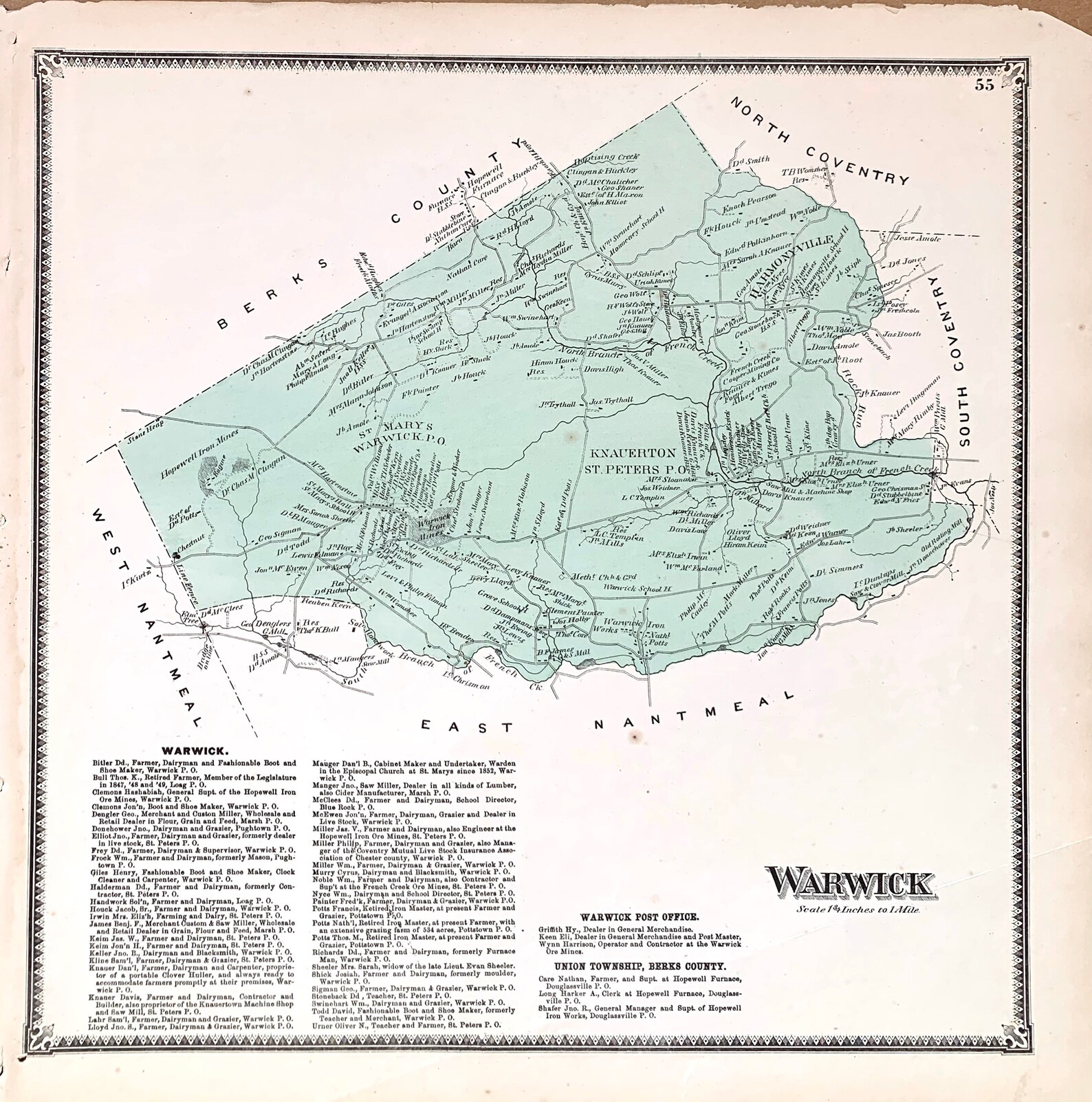 Warwick Township Map Original 1873 Chester County Farm Atlas Etsy