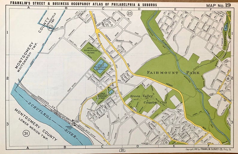 Roxborough map, Original 1946 Franklins Philadelphia Atlas, Fairmount Park, Chestnut Hill, Valley Green Inn image 1