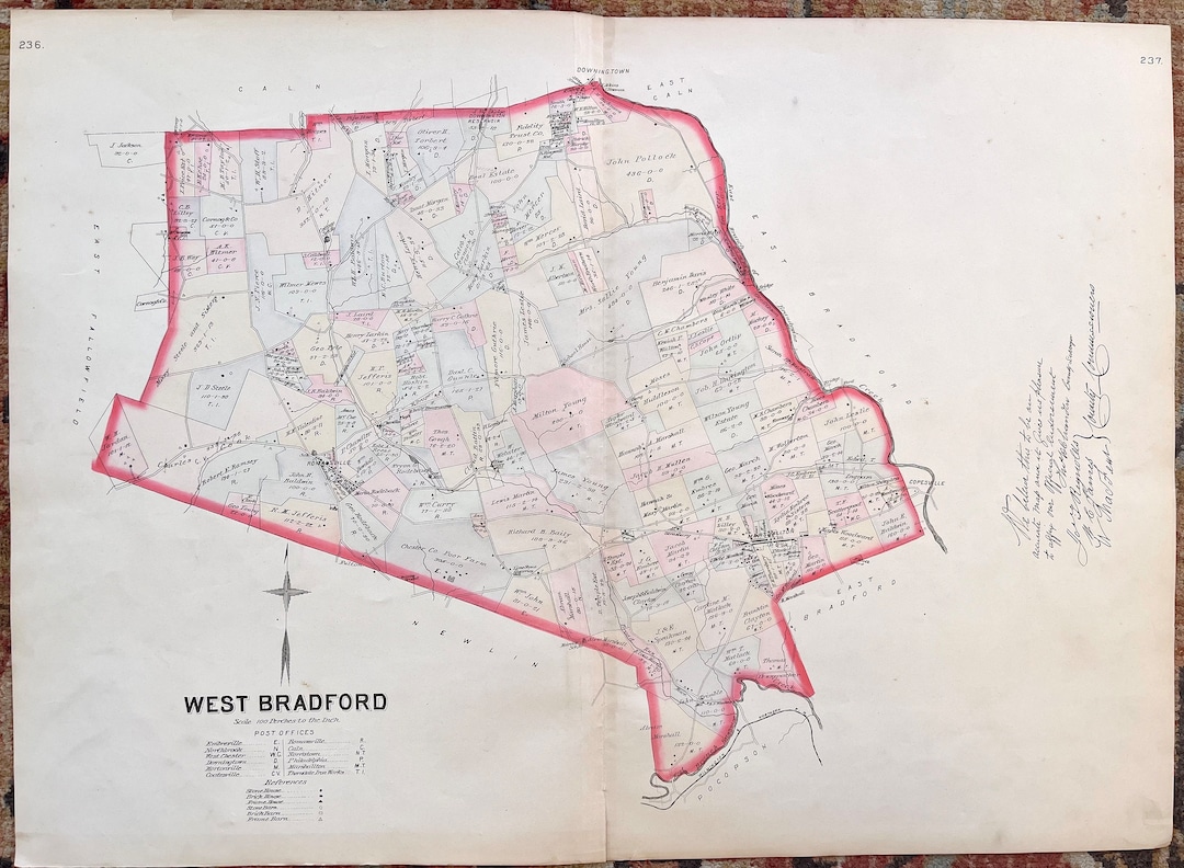 West Bradford Township Map, Original 1883 Chester County Pennsylvania Farm Atlas, Marshallton