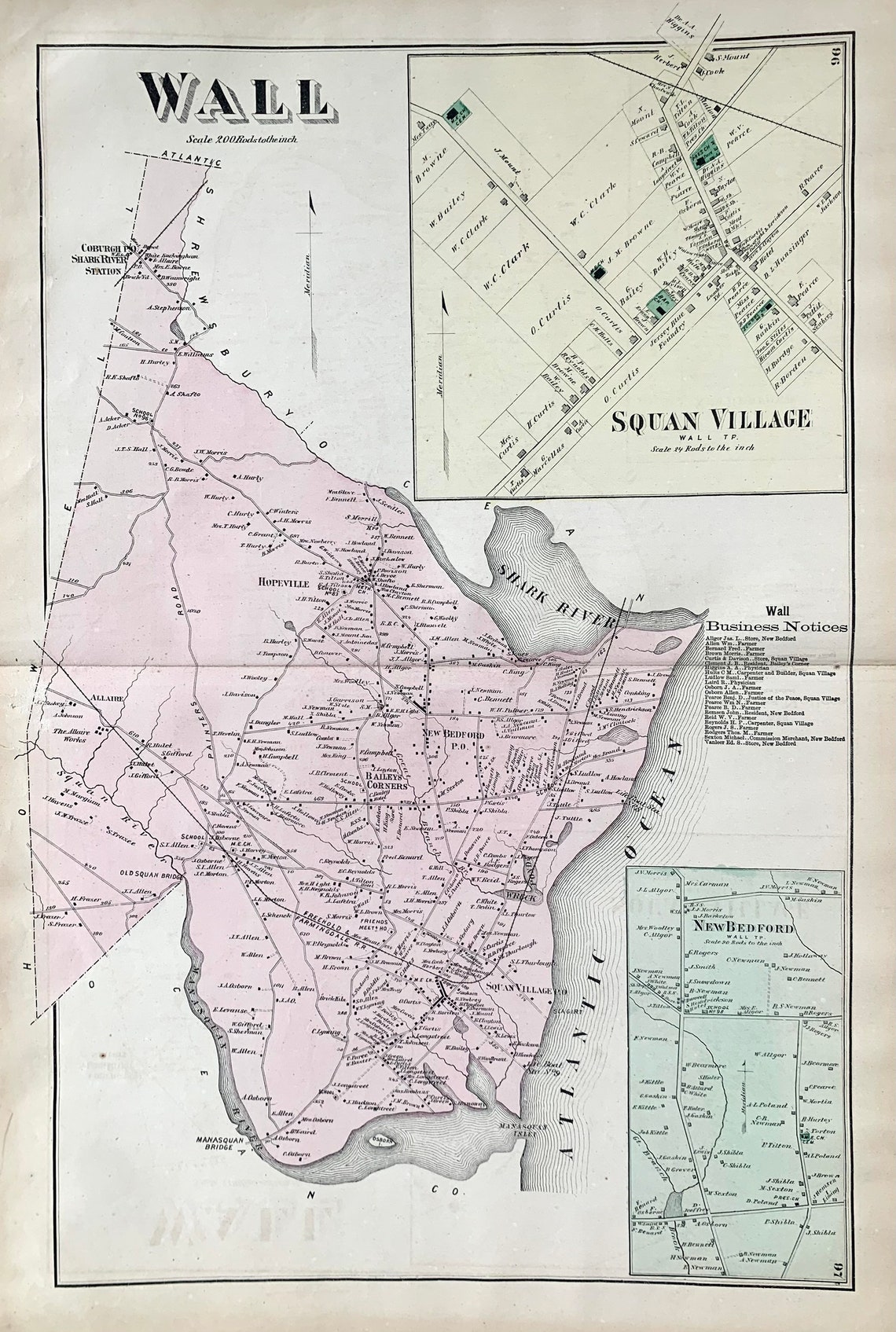 Wall Township Map Original 1873 Monmouth County New Jersey Etsy