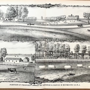 May include: An antique black and white illustration of farmland, featuring multiple scenes of rural landscapes. The image includes depictions of farmhouses, livestock, and the text "LOGGY HOLE FARM" and "PORTION OF PROPERTY OWNED BY GEORGE A. HANCE IN MONMOUTH CO. N.J."