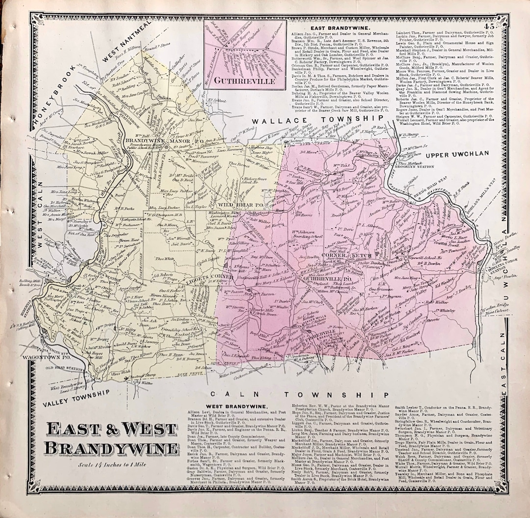 East Brandywine Township Map, Original 1873 Chester County Atlas, West