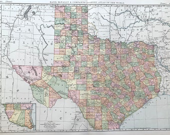 Texas map, Original 1892 Rand McNally atlas, The lone star state, The Alamo