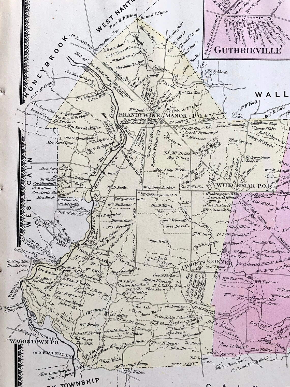 East Brandywine Township Map, Original 1873 Chester County Atlas, West Brandywine, Guthrieville