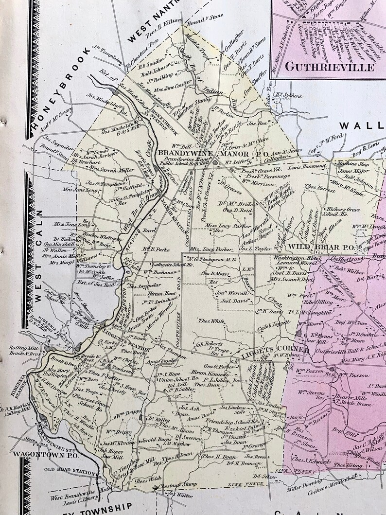 East Brandywine Township Map, Original 1873 Chester County Atlas, West