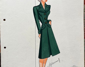 Italian Fashion Sketch, original 1940s Milan, signed by Artist, Fashion Art, antique artwork